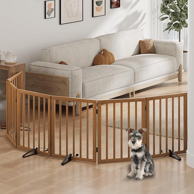 Dog Gate, Freestanding Dog Gates for Doorways, Foldable Dog Gate Indoor, Pet Gates for Doorways Bedroom, Puppy Gate with Metal Support Feet, Room Divider 6 Panels (Walnut)