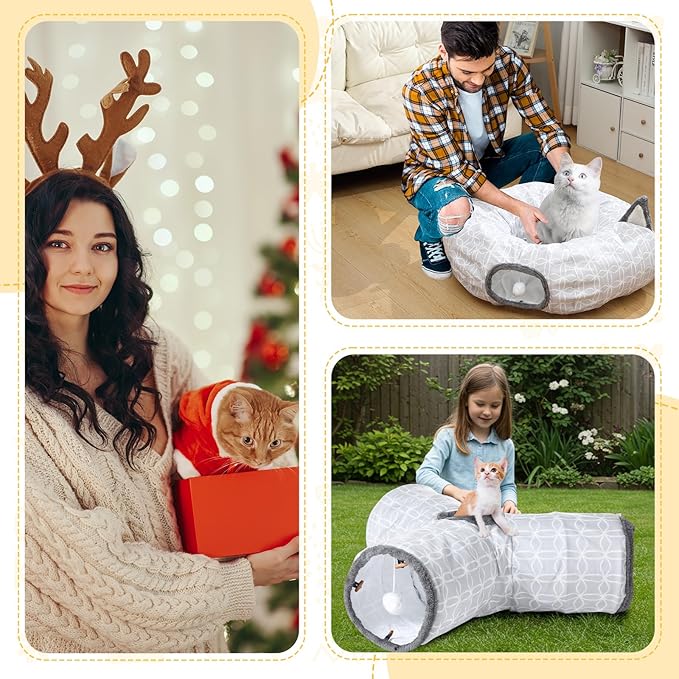 Soulchen 2 Pcs Geometric Cat Tunnel with Plush Inside Toys Collapsible Tunnel Tube with Balls for Cats, and Small Dogs, Gray Geometric Figure