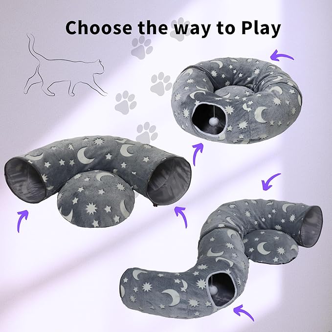 Cat Tunnel Bed for Indoor Cats with Washable Cushion Cat Cave Donut Tunnel with Fluffy Ball Big Round Tube Pet Playground Toys Soft Plush Peekaboo for Kitten, Cat, Puppy, Rabbit, Ferret(Moon Star)