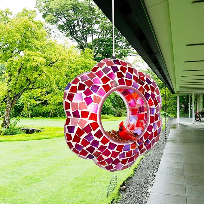 Yinns 9 inch Large Mosaic Bird Feeder, Fly Through Glass Bird Feeder, Hanging Bird Feeder with Oval Stained Glass for Outdoor Garden Decor