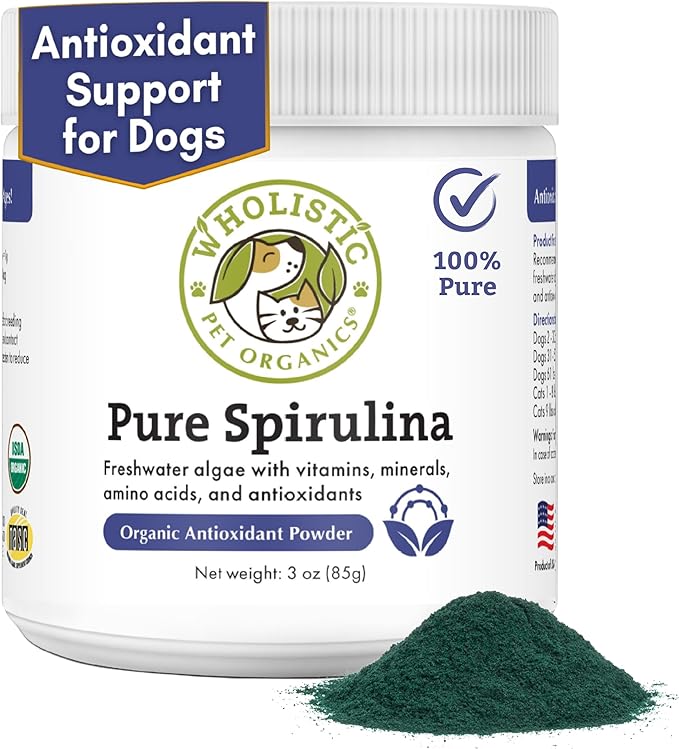 Wholistic Pet Organics Spirulina for Dogs - 3 Oz - Supports Healthy Immune System & Seasonal Allergy - Plant Based Antioxidant Support for Homemade Food - Organic Dog Food Topper - Freshly Made in USA