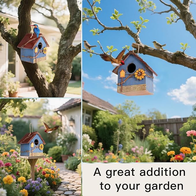 DEWEL Bird Houses for Outside Clearance, Hanging Birdhouses for Outdoors, Garden Wooden Blue Bird Houses for Outdoors, Bird Nesting Box for Bluebird Finch Swallow Wren Chickadee, Gift for Bird Lovers
