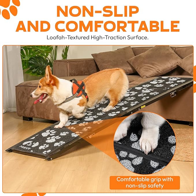 Dog Ramp for Car – Portable Folding Aluminum Pet Ramp with Non-Slip Paw Print Surface – Extra Wide Portable Ramp for Large, Small & Senior Dogs to Get in Cars, SUVs, Trucks & Beds- 71" Long & 17" Wide