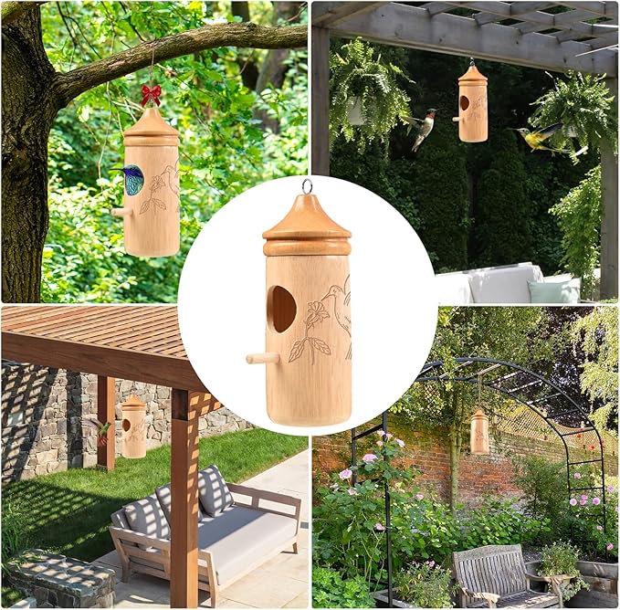 Hummingbird House, Solid Wood Hummingbird Houses for Outside-Exquisitely Handcrafted Birdhouse with Ribbon and String Hanging Kit, Durable Garden Decor, Perfect Gardening Gift(Style-G, 1 Pack)