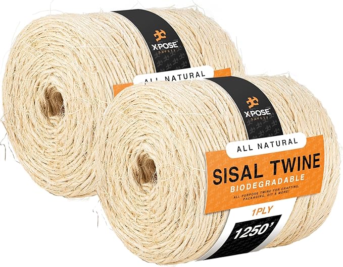 Sisal Twine - 1 Ply 1250 Ft Thin Natural Fiber Rope on Spool - Cat Scratching Post, Rope for Cat Scratcher, Cat Tree Replacement Parts, Pet Toy - Decorative Cordage for Crafts, Pole Wrap 2 Pack