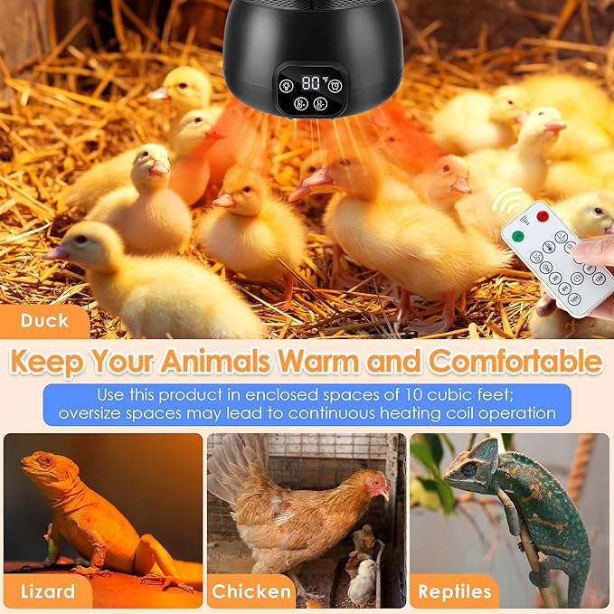 1 Pack Chicken Coop Heater with Remote, 200W Chicken Coop Warmer Temperature Control with Lights, Heat Lamps for Chickens with Digital Display and 5Ft Cable for Reptiles/Duck/Lizard