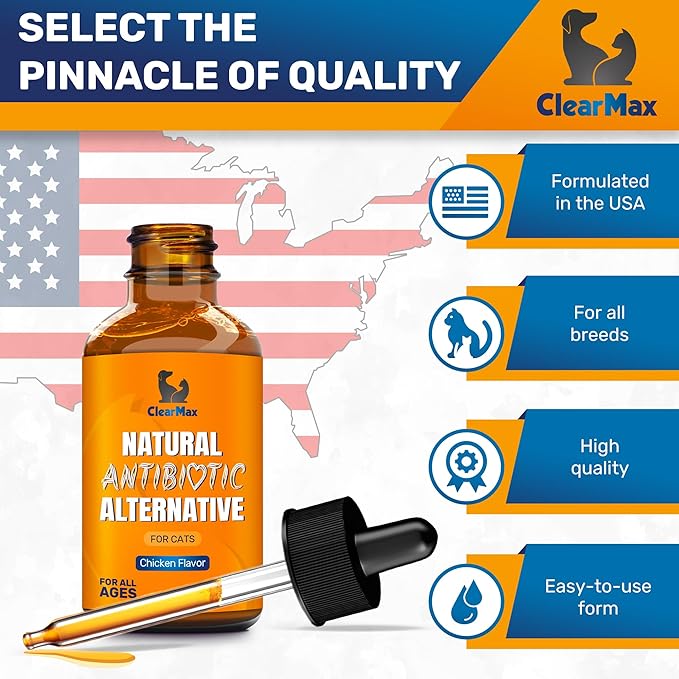 Cat Antibiotic to Help with Cough & Allergies โ Antibiotics for Cats to Aid with UTIs and Digestive Moments โ HIPS & Joints Support โ Attractive Chicken Taste โ 1 Oz Bottle