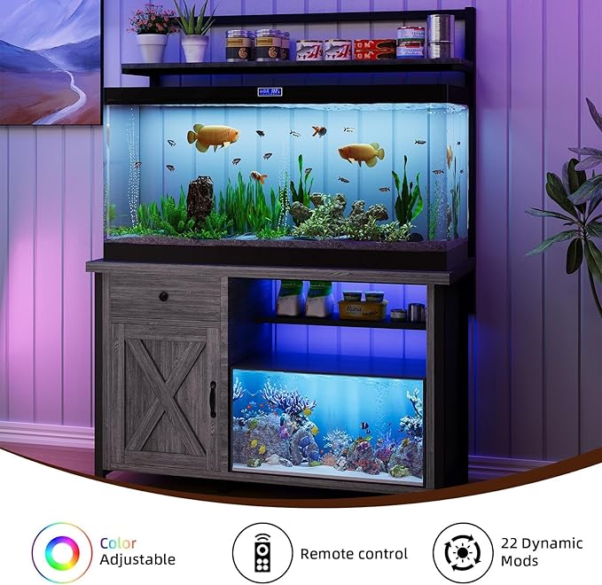 4ever2buy 55-75 Gallon Fish Tank Stand with Power Outlet, Led Light, Heavy Duty Aquarium Stand with Cabinet for Fish Tank Accessories Storage, Shelf, for Turtle Tank, Reptile Terrarium, 1100 LBS, Gray