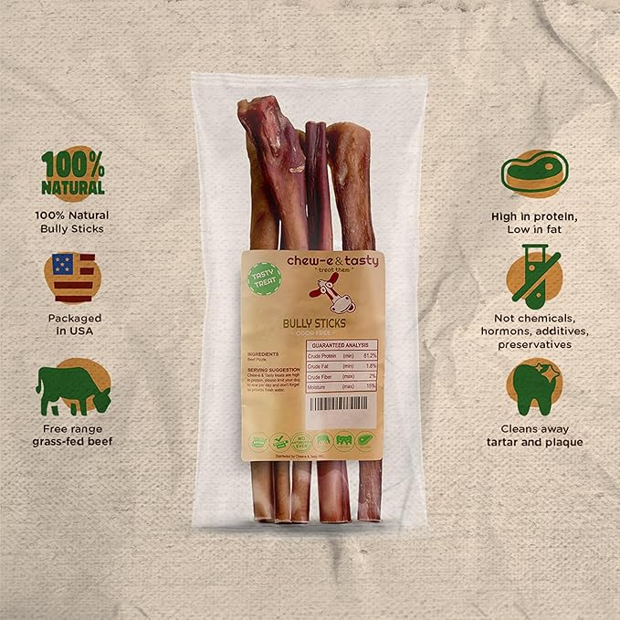 chew-e&tasty 12" Monster Odor Free Bully Sticks (Pack of 5) - Long Lasting Beef Chews - 100% Beef Single Ingredient Made of Digestible High Protein & Low Fat Dental Treats for Large - Very Large Dogs