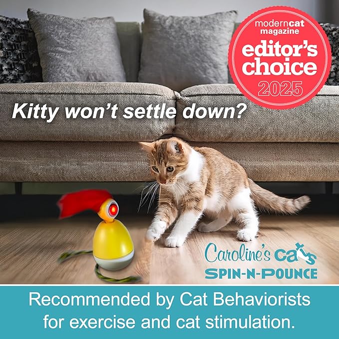 Caroline's Cats Automatic Cat Toy - Rechargeable Spin-N-Pounce with Touch Sensor, Silent Motor, 360-Degree Rotation, Interactive Kitten Toys for Indoor Cats, Encourages Self-Play and Exercise