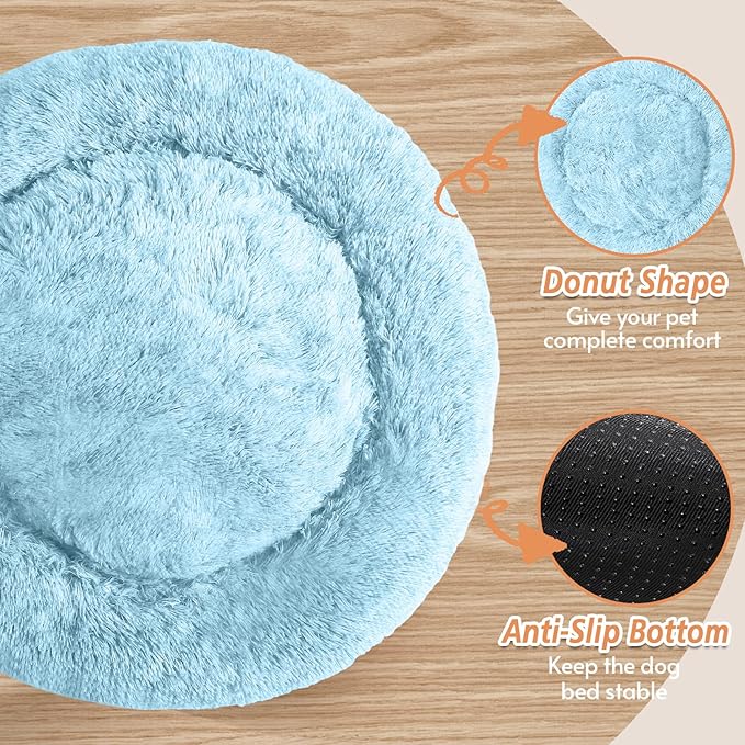 JOLLYVOGUE Calming Dog & Cat Bed for Small Dogs, Anti-Anxiety Donut Cuddler Cozy Soft Round Bed with Anti-Slip Bottom, Fluffy Faux Fur Plush Cushion Beds for Small Medium Pets (20")