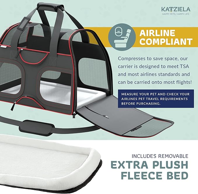 Katziela Luxury Rider Pet Carrier – Airline Compliant & TSA Approved Soft-Sided Travel Bag with Removable Base & 6 Wheels for Small Dogs & Cats – Black/Red