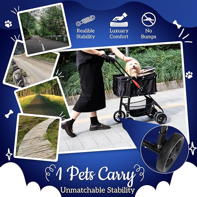 Pet Stroller with 4 Rolling Casters for Pets – Lightweight Multifunctional Travel Stroller with Mesh Windows, Cup Holder, Sun Shades & Storage Pocket for Puppy and Kitty