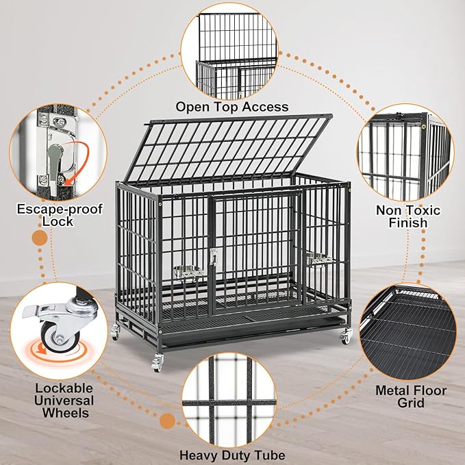 Homey Pet Two Levels 37 Inch Dog Crate, Escape Proof Dog Cage Kennel Indoor with Top Access and Lockable Wheels, Removable Tray, Heavy Duty Dog Crates for Medium/Small Dogs