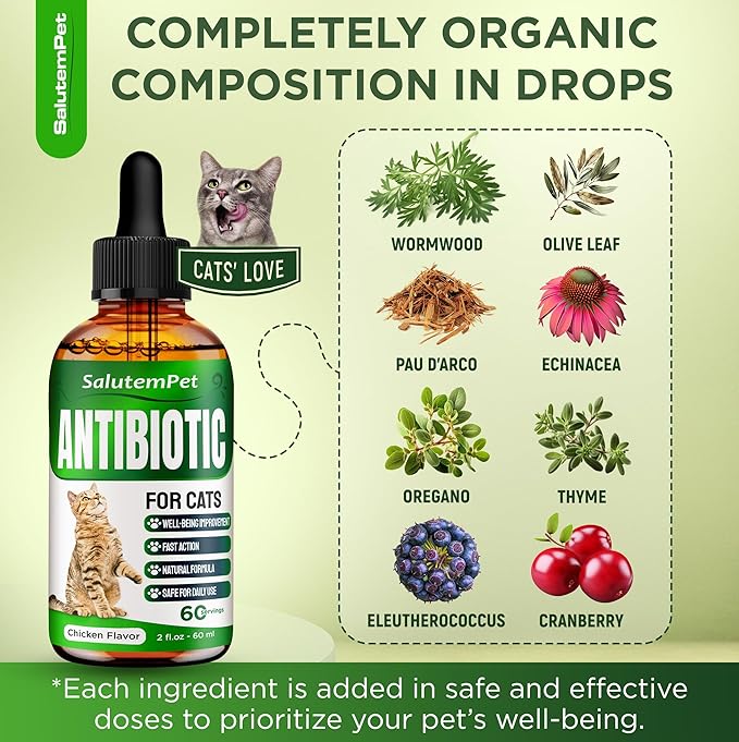 Cat Antibiotic for Infections, UTIs, Respiratory Moments, Cold, & Allergies | Antibiotics for Cats of All Ages & Breeds | Liquid Form | Natural Supplement with Chicken Flavor | 2 Oz