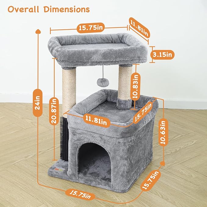 Small Cat Tree with Scratching Post Indoor, Cat Trees for Indoor, Cat Tower with Condo, Plush Cozy Perch, Massage Brush, Activity Hanging Pompoms