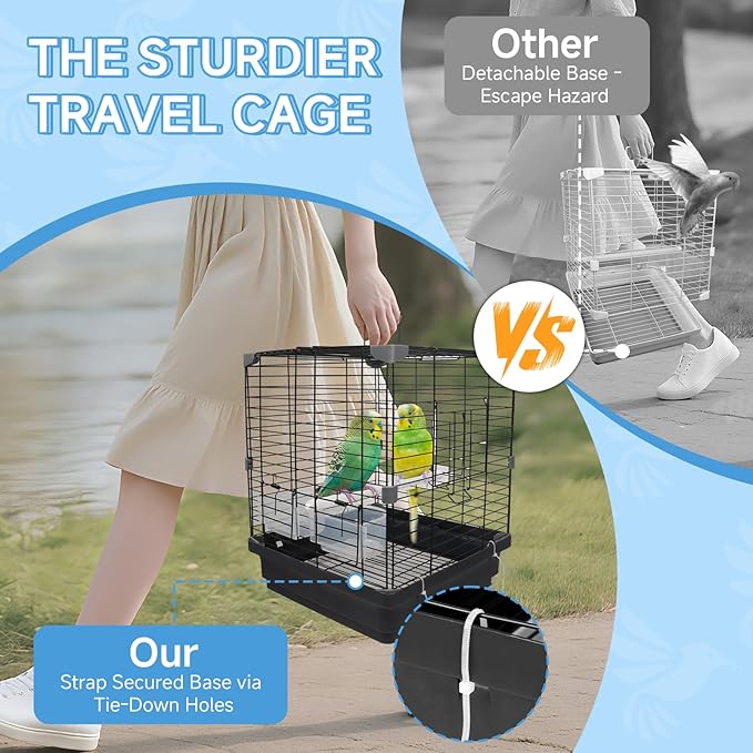Small Bird Cage for Parakeets, Budgies & Canaries and More Small Birds - Lightweight Travel Birdcage & Bird Carrier with Handle, Stand, Removable Tray, Portable for Hanging, Outdoor Use, Black