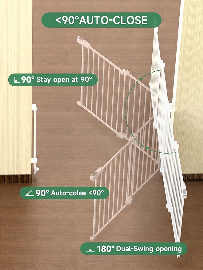29.5-43" No Bottom Bar Baby Gate for Stairs, Auto Close Dog Gate Indoor, Hardware Mounted, Child Safety Gate for Kids with Large Walk Thru Door, Pet Gate for Doorways adn Stairs - White