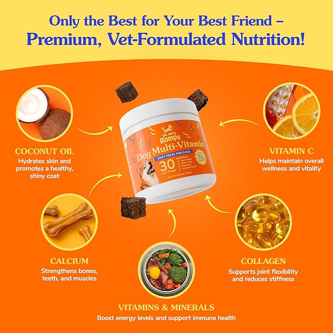 Dr Jay's Romps Multivitamins Dog Chews - Collagen to Help with Joint Health, Digestion, Skin & Coat - Vitamins and Supplements to Boost Immune System - Perfect Treats for Pets - 30 CT