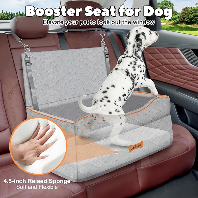 Medium Dog Car Seat, Dog Booster Seat Under 50Lbs or 2 Small Dogs Washable, Pet Car Seats with 2 Safety Leash, Dogs Sofa Bed Cushion Add Thick Sponge, Pet Cars Carrier for Travel, Gray