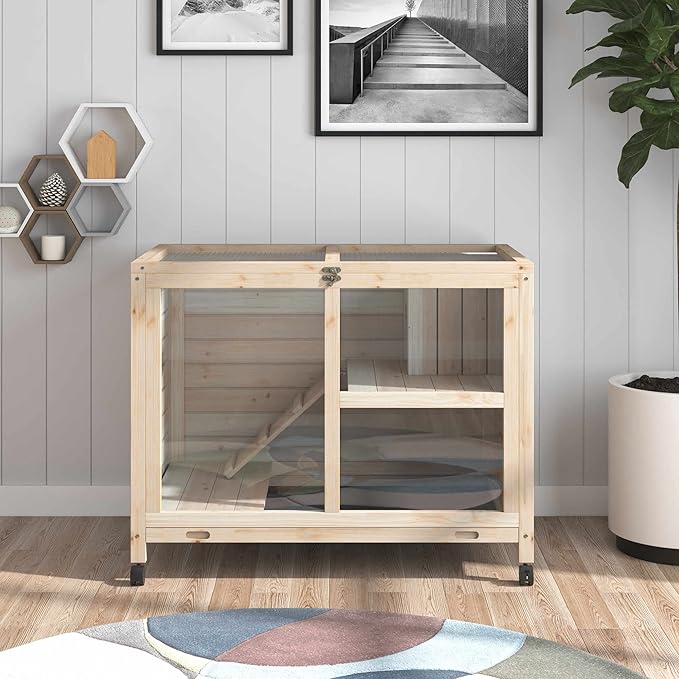 PawHut Rabbit Hutch with Wheels, Desk and Side Table Sized, Wooden Rabbit Cage, Waterproof Small Bunny Cage with Removable Tray, Openable Roof, for Indoor & Outdoor, Natural