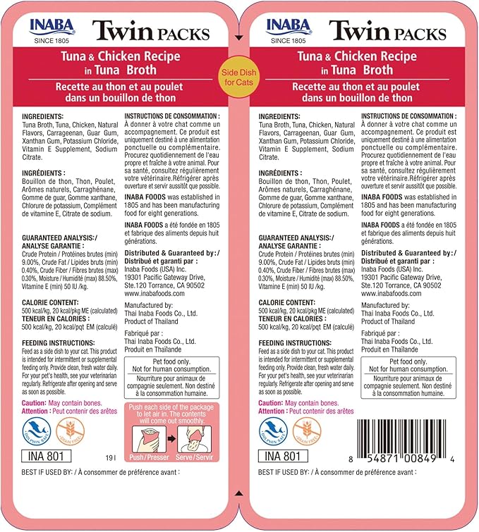 INABA Twin Packs for Cats, Side Dish/Topper Pouch, 1.4 Ounces per Serving, 16 Servings, Tuna & Chicken Recipe in Tuna Broth