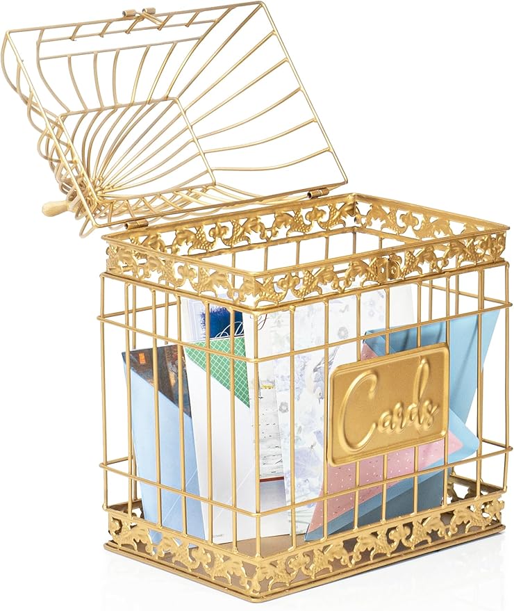 Red Co. 15.5” Tall Rectangular Decorative Lockable Metal Birdcage Wedding Card Holder, Gold