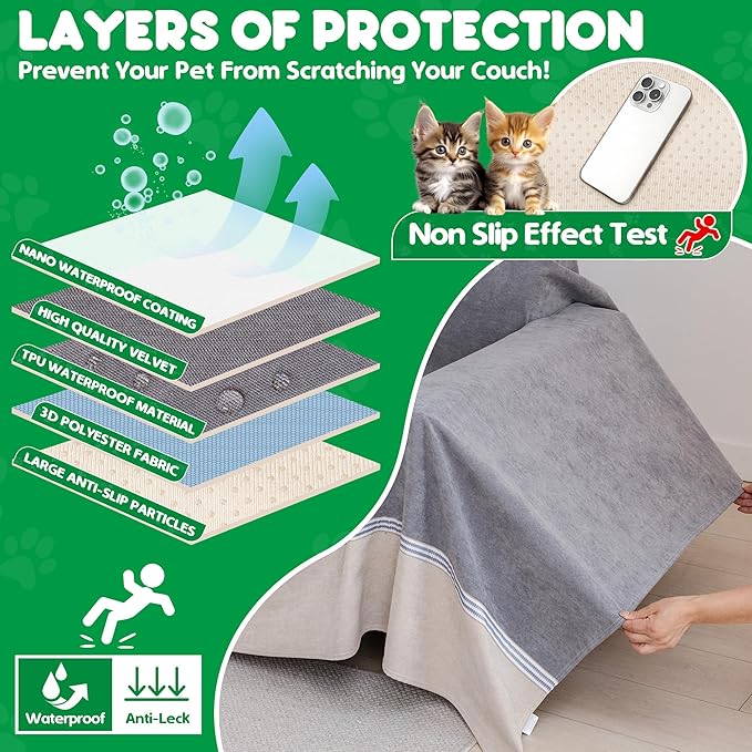 Cat Scratch Furniture Protector - Anti-Slip, Waterproof Sofa Cover to Keep Cats Off, Pet-Friendly Couch Protectors for 3 Cushion Couch, Anti-Scratch Couch Cover for Pets and Kids 118"X91"Dark Gray