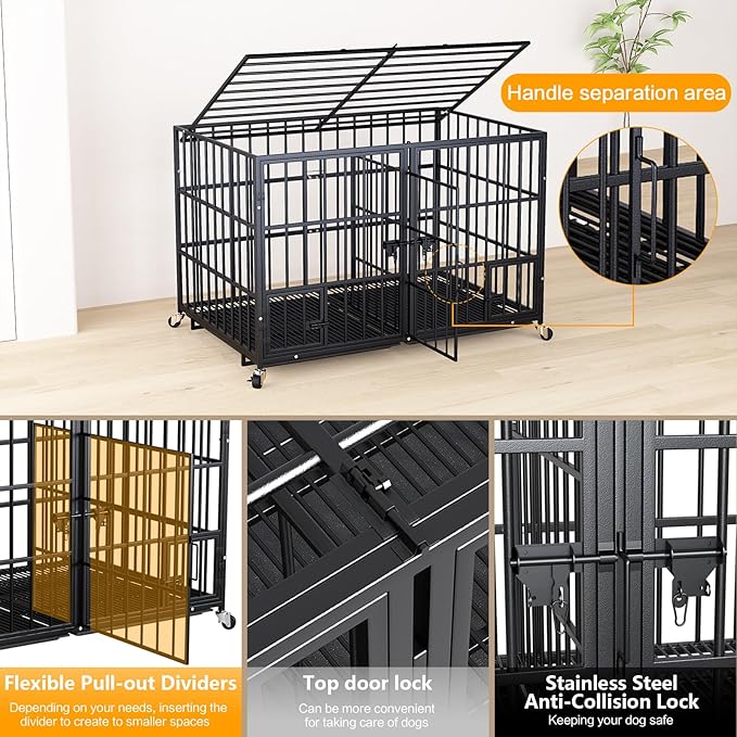 42 inch Stackable Heavy Duty Dog Crate with Open Top,Metal Double Dog Cage for 4 Dogs/Medium Dog,Dog Kennel Indoor with Wheels,Removable Trays, Divider