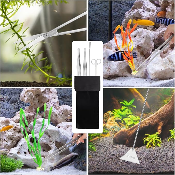 Segarty Longer Aquarium Aquascaping Tools, 4 in 1 Stainless Steel Silver Aquarium Tools Kit for Aquatic Plant Fish Tank, Scraper Spatula Feeding Tweezers Curved Scissors Anti Rust Aquascape Set