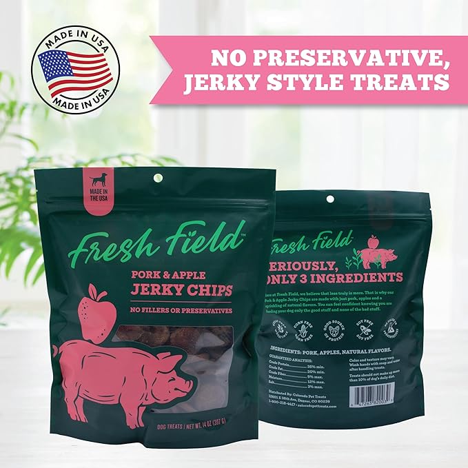 Fresh Field Pork & Apple Jerky Chips, 14 oz – All-Natural Dog Treats, USA Made, Supports Digestion & Nervous System