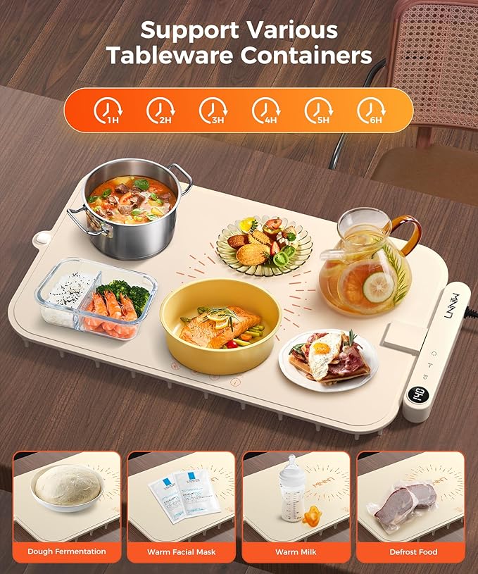 Waterproof Food Warming Mat, Color-Changing Electric Heating Tray with 6-Level Temperature Control, 1-6h Timers, Dishwasher-Friendly Food Warmer Mat for Parties, Buffets, and Kitchen Use.