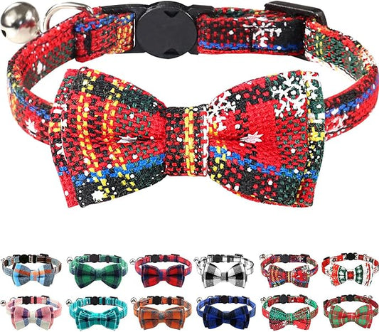 Joytale Upgraded Christmas Cat Collar with Bells, Breakaway Cat Collars with Bow Tie, 1 Pack Girl Boy Safety Plaid Kitten Collars, Christmas Red