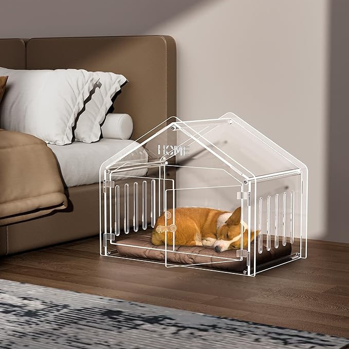 Acrylic Dog House Indoor.Clear Dog Crate for Small Dogs, Modern Indoor Dog Kennel for Most Small Dog Cat Pet (Clear, 15.7 * 21.5 * 27 inch)