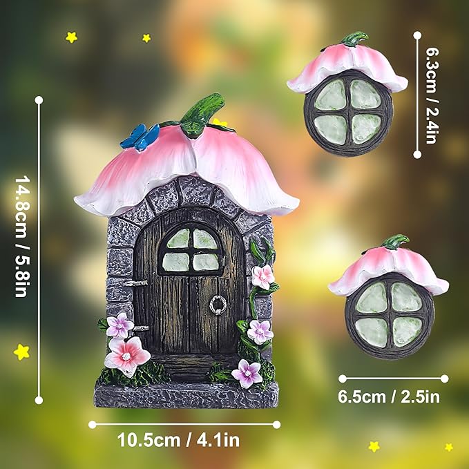 Attivolife Fairy Door and Windows for Outdoor - Glow in The Dark Treehouse Garden Lawn Decor Magical Yard Art Resin Sculpture Fairies House Kit Gift for Kids Girl Women Plant Lovers
