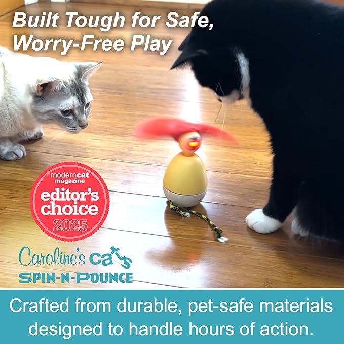 Caroline's Cats Automatic Cat Toy - Rechargeable Spin-N-Pounce with Touch Sensor, Silent Motor, 360-Degree Rotation, Interactive Kitten Toys for Indoor Cats, Encourages Self-Play and Exercise