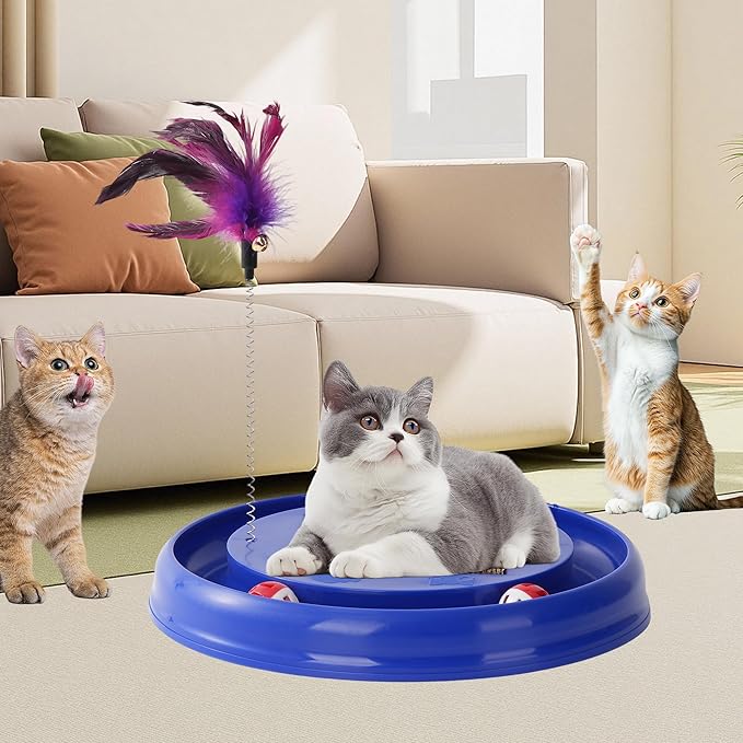 Interactive Cat Ball Track Toy Cat Scratcher with 2 Self-Rotating Balls and 1 Kitten Interactive Toy,Durable Scratch Pad for Indoor Play,Cardboard Scratcher Pad 3-in-1 Cat Toy (Grey)