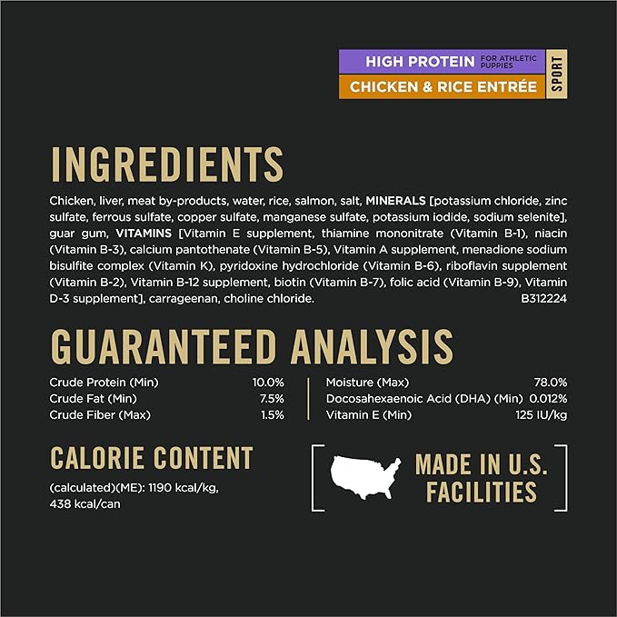 Purina Pro Plan Sport High Protein Wet Puppy Food Beef and Rice Entree and Chicken and Rice Entree Variety Pack - (Pack of 12) 13 oz. Cans