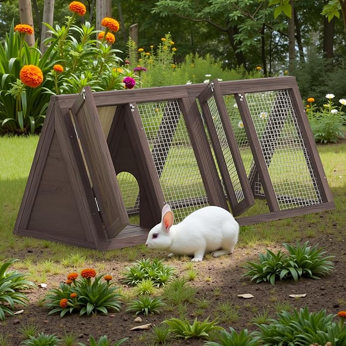 Outdoor Chicken Coop Wooden A-Frame Small Animal Coop Rabbit House Quail Cages with Outdoor Runs & Ventilated Wire Fence Suitable for Garden Backyard Farms 47 x 18 x 19.5 in (Brown)