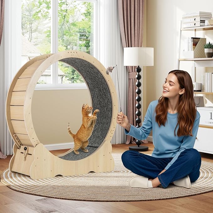 Tangkula Cat Wheel for Indoor Cats, 40 Inch Large Cat Exercise Wheel with Lockable Mechanism, Carpeted Runaway, Wooden Ultra Low Noise Running Treadmill with a Teaser Toy for Kitty Fitness