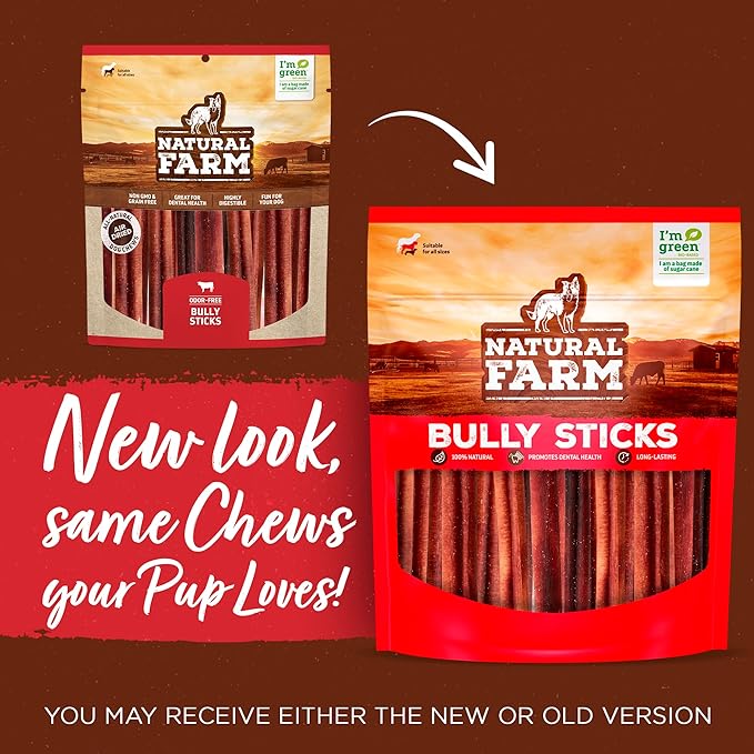 Natural Farm Odor-Free Thick Bully Sticks (6”, 18-pack) ALL-NATURAL Long-Lasting Dog Chews, 100% Beef Pizzle, Grass-Fed, Grain-Free, Protein for Muscle Development & Energy, Perfect For Medium Chewers