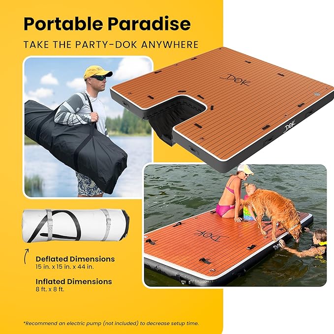 DOK Party-DOK Inflatable Dock Platform: Safe & Easy Water Access; Floating Non-Slip EVA Foam with Water Ramp for Pool, Dock, & Lake | Military Grade & High Visibility (8'x8')