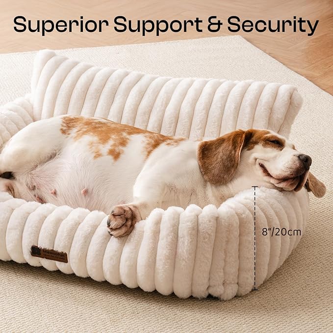 MEWOOFUN Dog Couch Bed, Fluffy Small Dog Bed with Removable Washable Cover, Supportive Cat Couch for Cats & Dogs up to 25 lbs (Beige, 30x21x12)