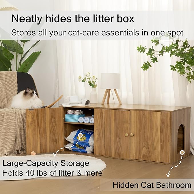 Wooden Cat Litter Box Enclosure with Storage Compartment with Adjustable Divider, Hidden Litter Box Furniture and Hall Table, Cat Box Enclosure, 42.5''L*18.5W*16.9H (Oak, Plain)