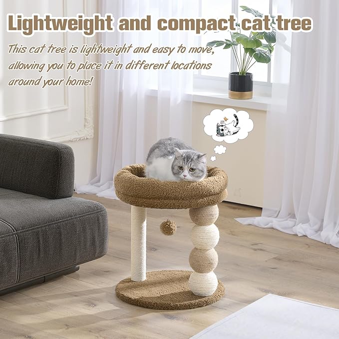 YOCAN Small Cat Tree Tower Indoor with Large Cozy Plush Top Perch, Natural Sisal Scratching Posts, Interactive Dangling Ball Great for Kittens and Cats (Brown)