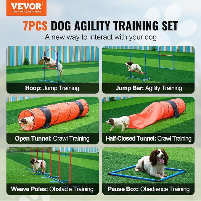 VEVOR Dog Agility Course Backyard Set, 13pcs Agility Training Equipment for Dogs, 2 Tunnels with Sandbags,Adjustable Hurdles,Weave Poles,Jump Ring,Pause Box, Puppy Obstacle Course Kit with Storage Bag