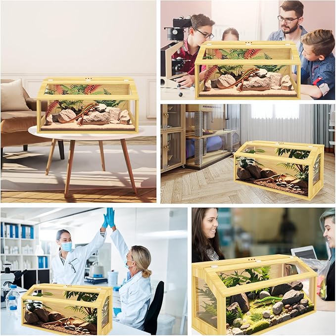 67 Gallon Reptile Tank, Wooden Bearded Dragon Terrarium Tank with Top Ventilation, Large Reptile Enclosure for Snake, Lizard, and Leopard Gecko, Includes Feeding Tongs, 40" L x 20" W x 20" H