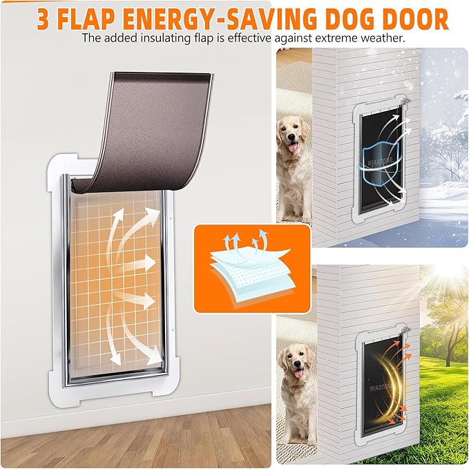 MIAOTONG 3-Flap Dog Door for Wall, Energy-Efficient Insulated Pet Door for Wall, Aluminum Lock Doggy Door for Wall,Steel Frame and Telescoping Tunnel Dog Doors (Pets Up to 220 Lb) -X-Large