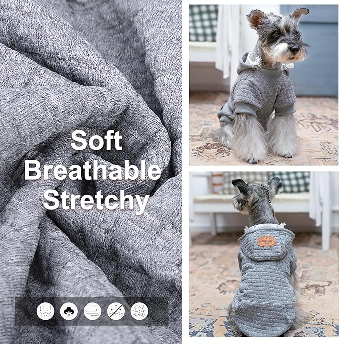 BEAUTYZOO Small Dog Hoodie Sweater with Pockets, Dog Clothes for Small Medium Dogs Boy Girl, Waffle-Like Laminated Cotton Pet Coats with Hat and Leash Hole, Grey XL