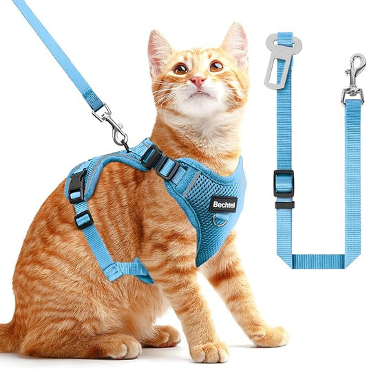 Cat Harness and Leash for Walking, The Upgrade Can be Adjusted in Four Directions and Breathable Cat Harness for Anti Escape That can be Fitted and Positioned, Reflective Strips Harness, Blue, S